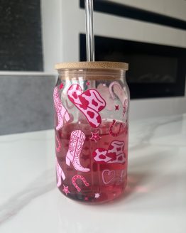 Cowgirl glass cup with straw
