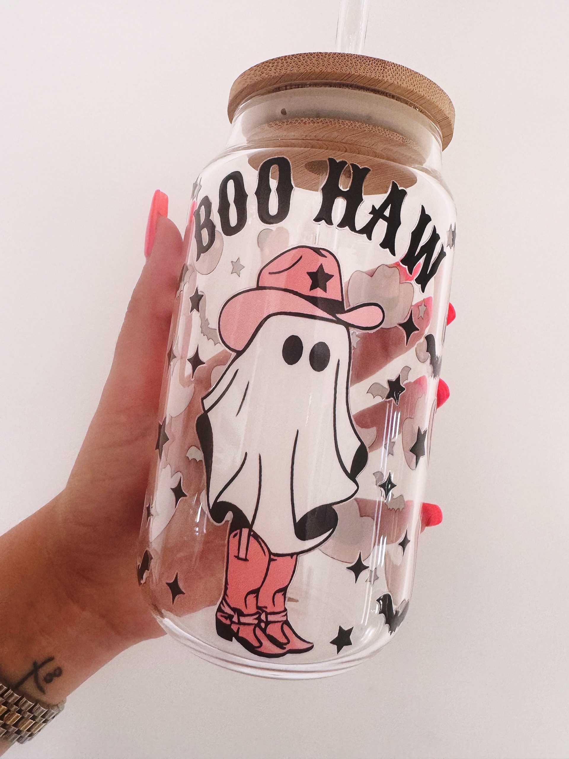 Ghost cowboy glass cup with straw